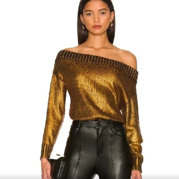 NWT Superdown Bronze Metallic Off Shoulder Sweater - Picture 1 of 13